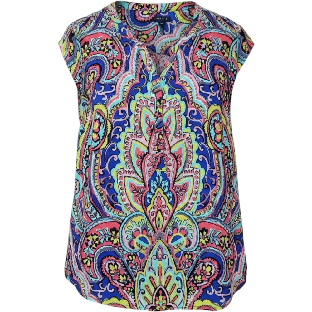 Talbots Womens XS Paisley Split‎ Neck Blouse Bright Multicolor Long Sleeve